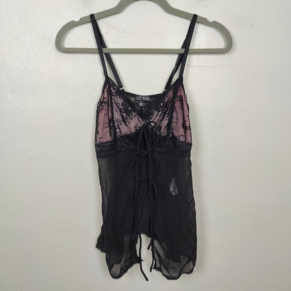 Dolls Kill Current Mood Pink Lace Black Sheer Babydoll Top Womens Large Lingerie - Picture 2 of 7